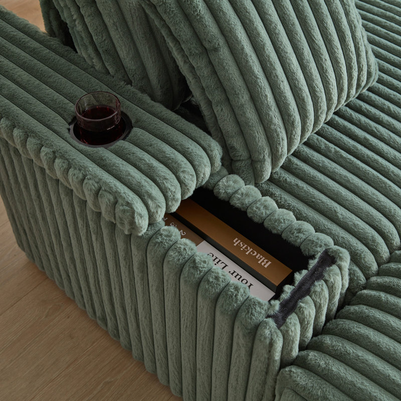 Canapé de 84 pouces en velours côtelé 3 places avec 3 coussins de dossier, 2 coussins décoratifs, 2 repose-pieds, 2 espaces de rangement et cannelures de maintien des tasses Canapé confortable pour le salon