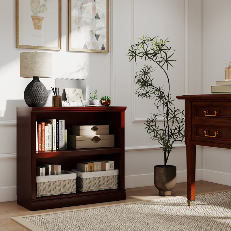 Bibliothèque à 2 niveaux 30 ", étagère de rangement pour bureau à domicile avec tablette réglable, Acajou