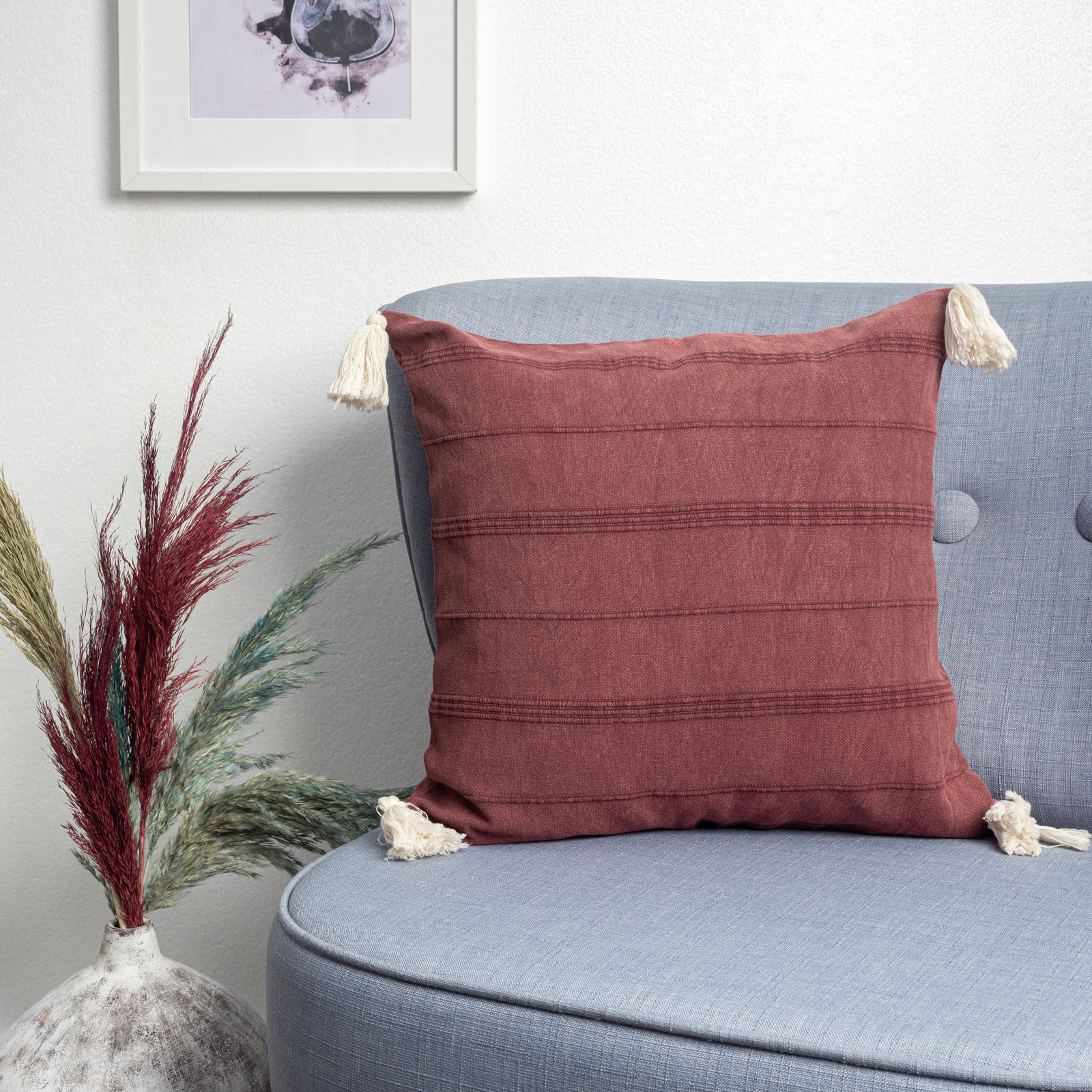Danica Tassels Cotton Throw Pillow, Red, Polyester/Polyfill