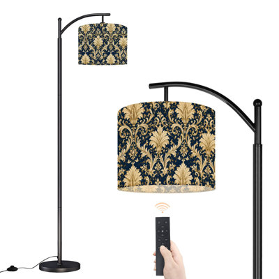 PeeNoke Arc Floor Lamp Floral Damask Elegant Beige Tall Modern Standing Lamp LED Adjustable Linen Lampshade 3 Color Temperatures