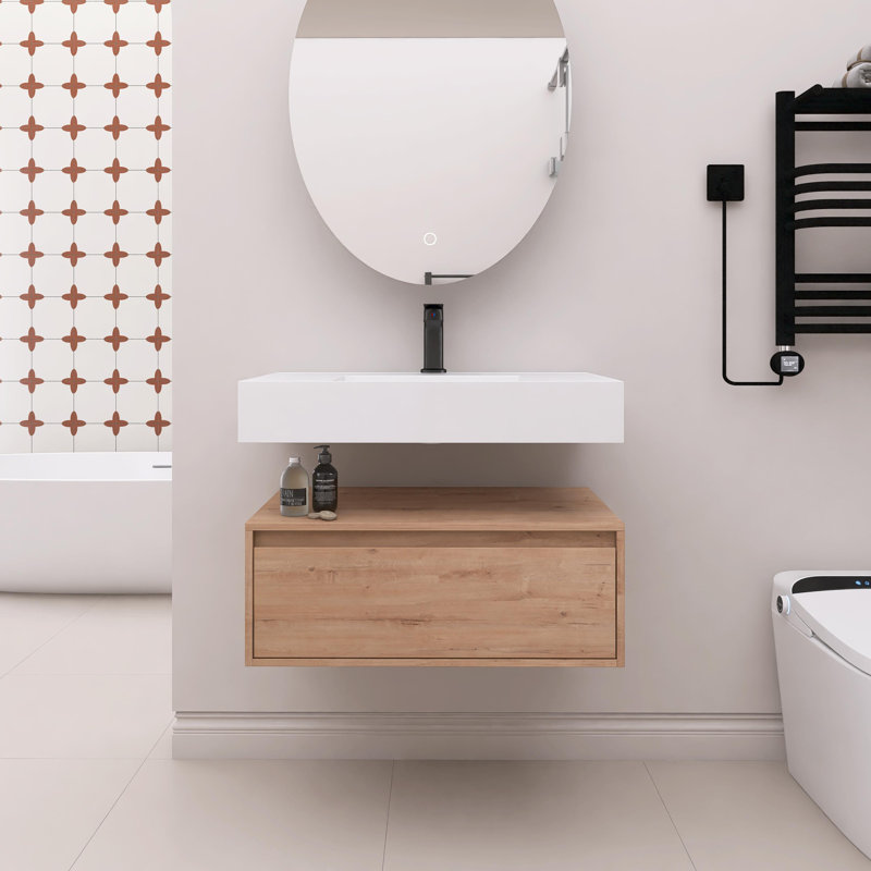Meuble-lavabo mural simple 30 po avec lavabo en résine, tiroir à fermeture en douceur, fixation à flotteur