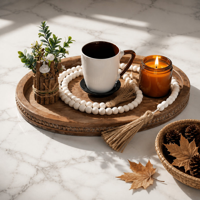 Oval Wood Decorative Tray With 58" Bead Garland Farmhouse Coffee Table & Kitchen Island Decor