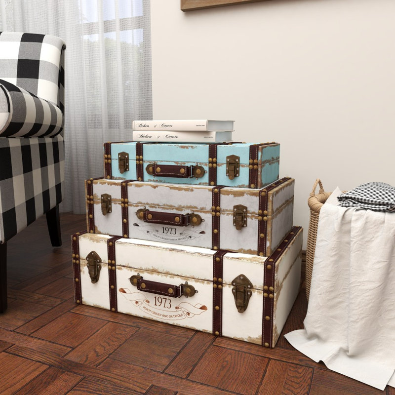 Coffre gigogne décoratif multicolore en bois avec accents rétro et clous, ensemble de 3