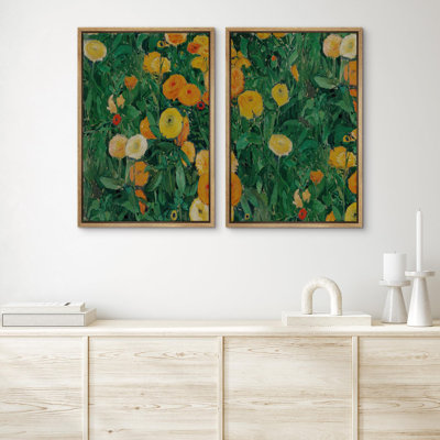 Fleurs vibrantes de jardin, empâtement floral, vert audacieux, fleurs jaunes et modernes, art mural, œuvre d'art, 2 pièces