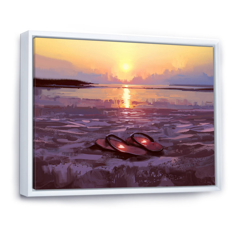 «Flip Flops With Lovely Hearts On Beach At Sunset», peinture sur toile, Cadre flottant blanc, H 16 po x l 32 po