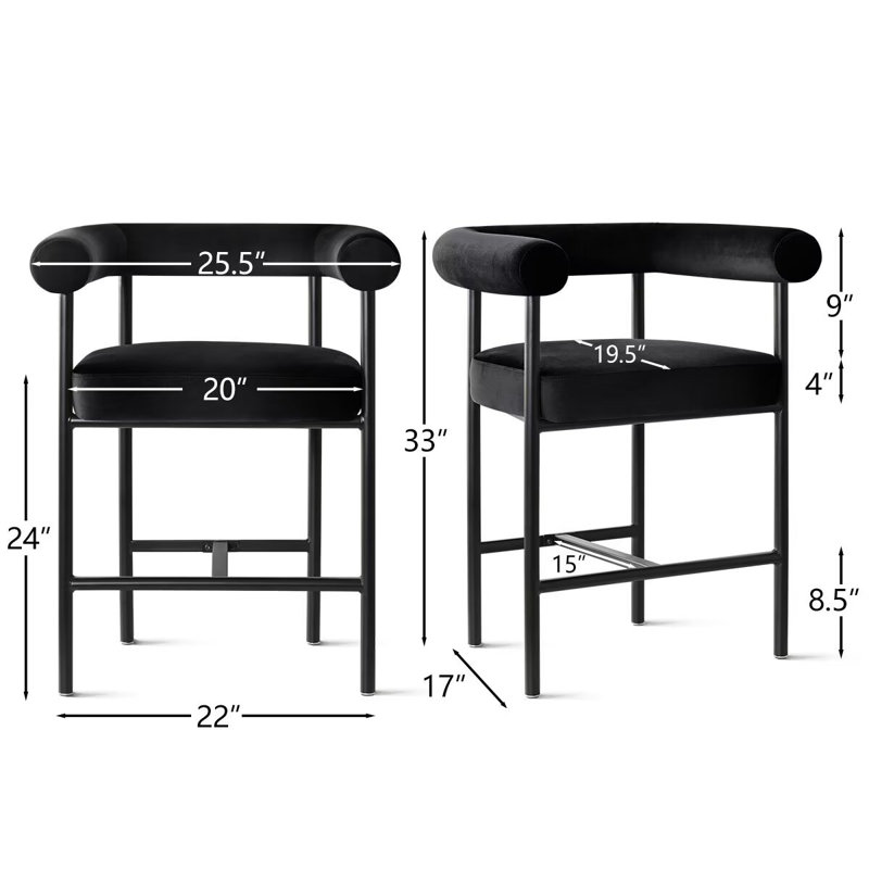 Modern 24" Upholstered Velvet Solid Back Counter Stool with Arms (Set of 2), Black