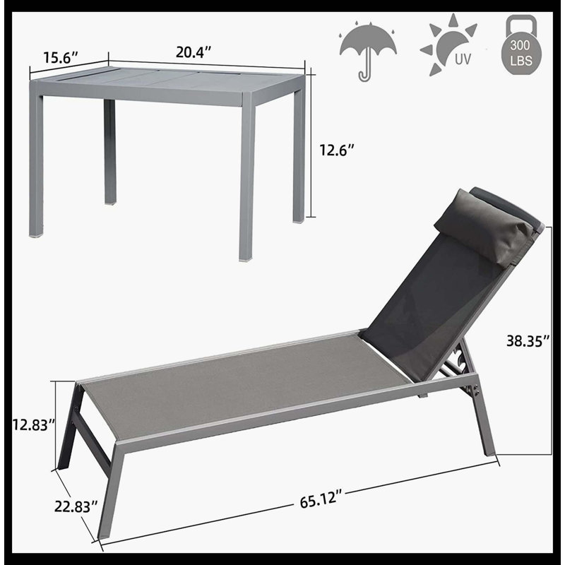 Patio Chaise Lounge Set Of 3, Premium Aluminum Adjustable Pool Lounge Chairs With PVC-coated polyester Fabric, Comfortable Sunbathing Recliners With Soft Headrest (Grey, 2 Lounge Chairs + 1 Table)