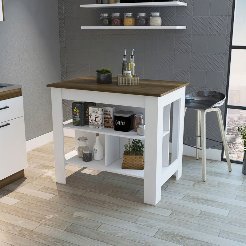 Kitchen Island, Four Legs, Three Shelves, White/Brown