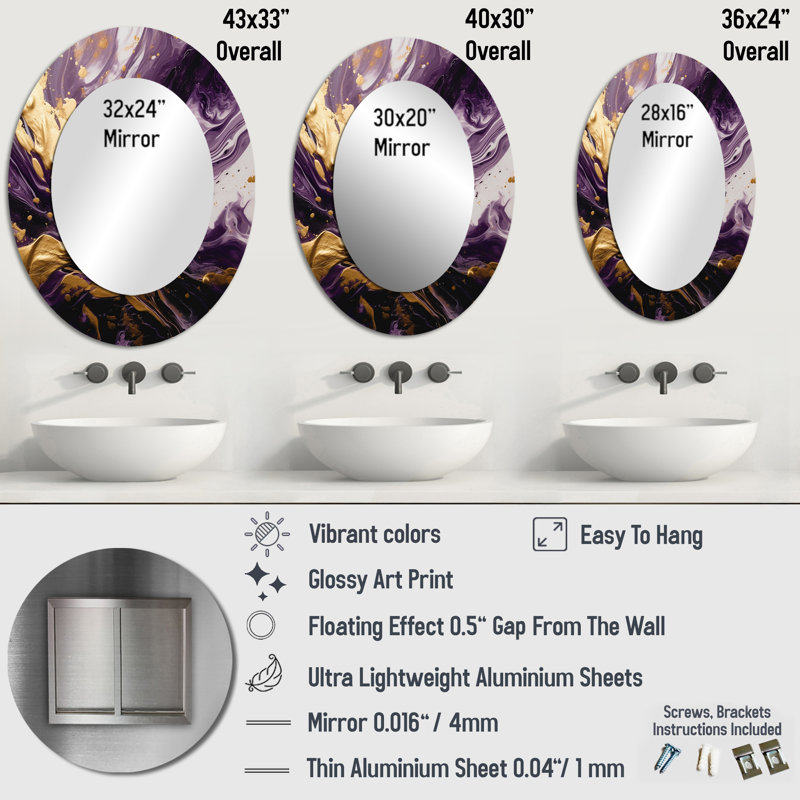 Mauve et or liquide Magic I - Miroir mural moderne ovale, 36 po x 24 po