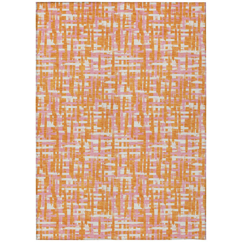 Tapis extérieur lavable abstrait 10 pi x 14 pi orange et rose