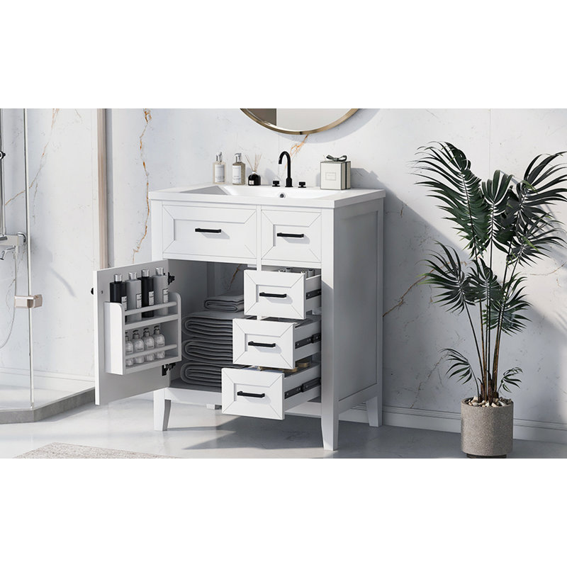 Ensemble de meuble-lavabo 30 po avec lavabo, armoire de salle de bain blanche avec tiroirs, structure solide et panneau de fibres à densité moyenne