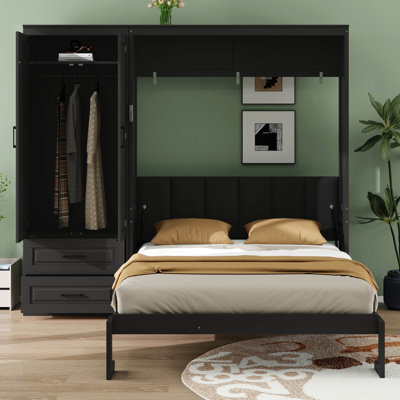Lit escamotable avec tête de lit tapissier et garde-robe, lit plateforme pliable avec tiroirs pour chambre à coucher, chambre d'amis