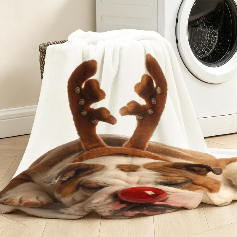 Jeté en flanelle rouge ultra doux, imprimé de chien de Noël Bulldog, Throw 30" x 40"