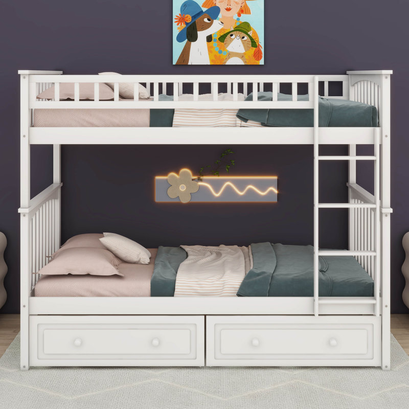 Lit superposé Kelmend avec tiroirs, lits convertibles, Twin Over Twin, White