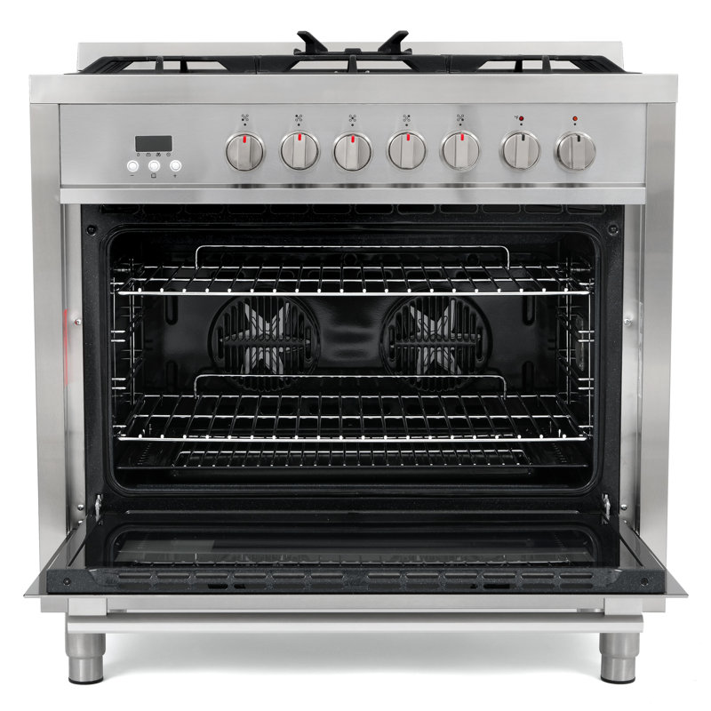 Cosmo 2 Piece Kitchen Appliance Package with , 36 in. Dual Fuel Freestanding Range Dual Fuel Cooktop , Wall Oven , Dishwasher , and Microwave , and Wall Mount Range Hood , and Wine Refrigerator , and Air Fryer