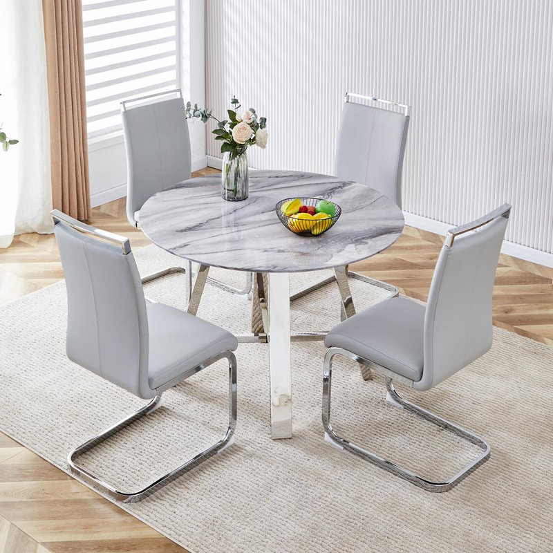 42" Marble Imitation Dining Table Set with Light Gray PU Chairs