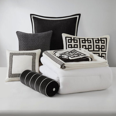 9 Pcs King Size Comforter With Greek - Inspired Meander Embroidery, All Season Warmth And Easy Care Duvet Style Oversized Design, Luxury Ensemble Hidden Button Closure