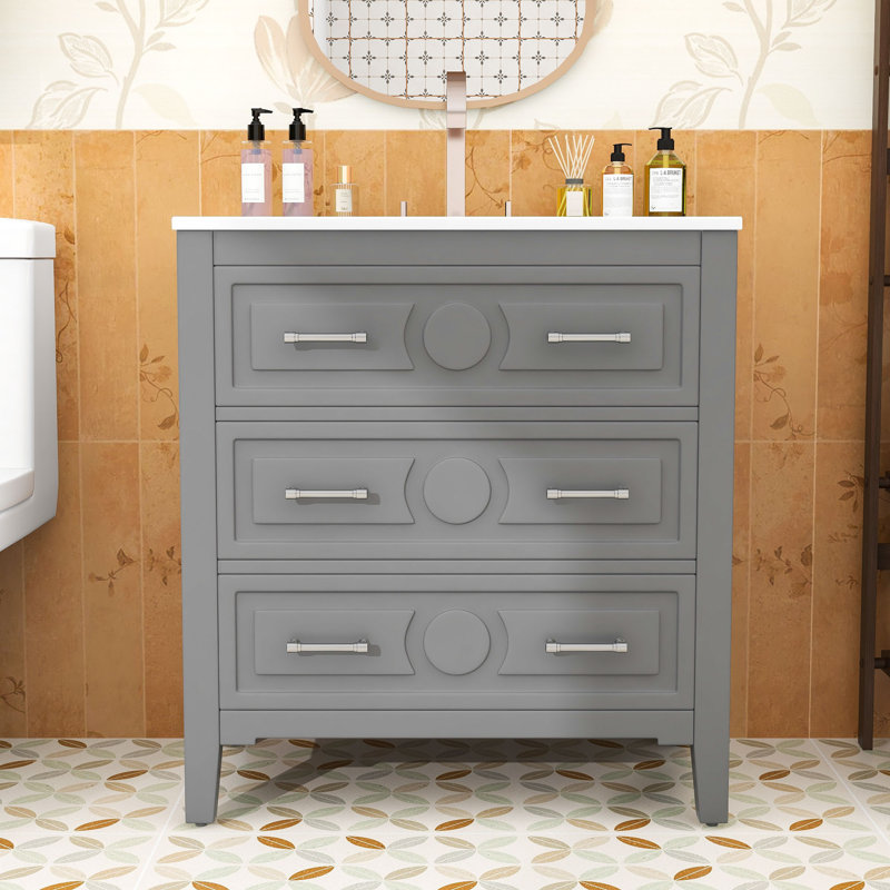 Elegant Wooden Bathroom Vanity with Basin and Drawers, Gray