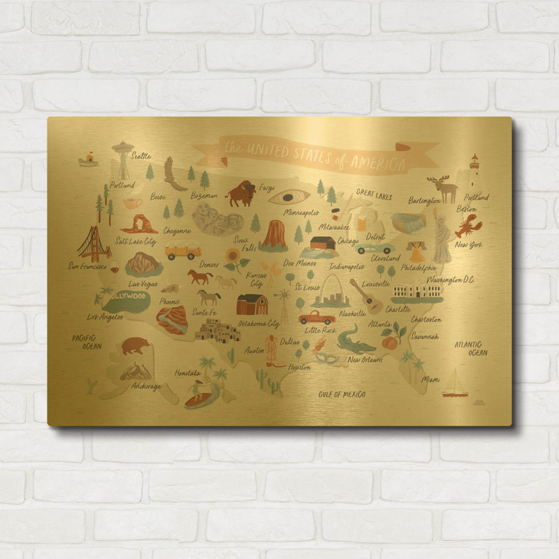 Tableau mural en métal doré « Le Tour du monde 2 » de Laura Marshall, 91,4 cm x 61 cm, 36"x24"