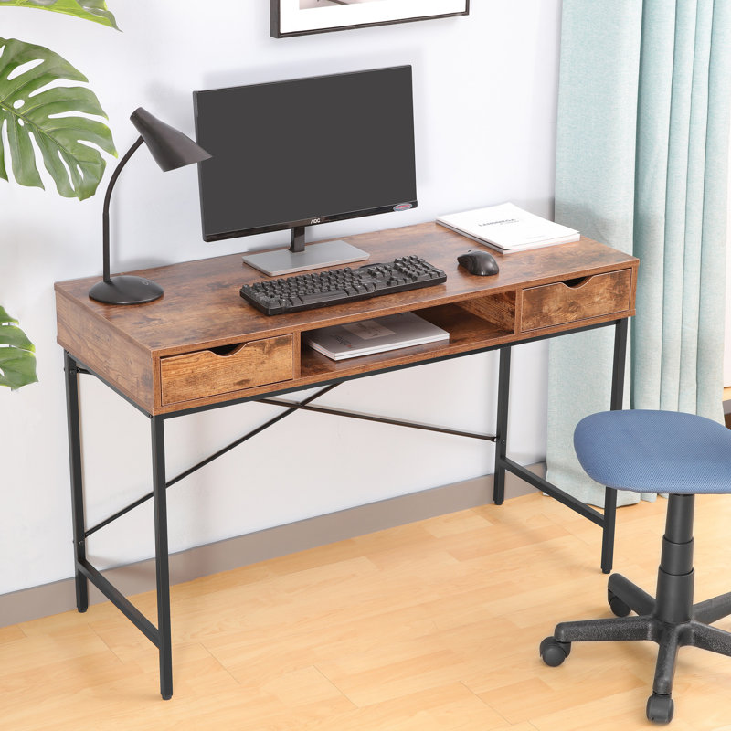 Glenhill Writing Desk with Drawer - Built-In Power Outlets for Home Office, Brown/Black