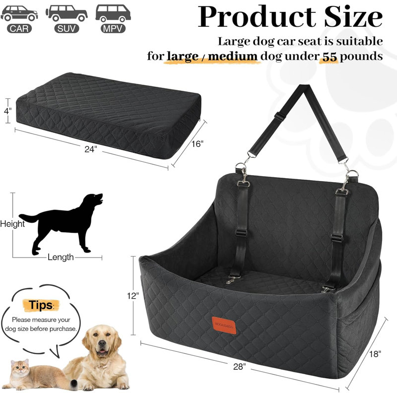Siège d'auto pour chien de taille moyenne à grande, jusqu'à 55 lb, coussin en mousse viscoélastique, housse lavable, sangles de sécurité et dessous antidérapant (noir)