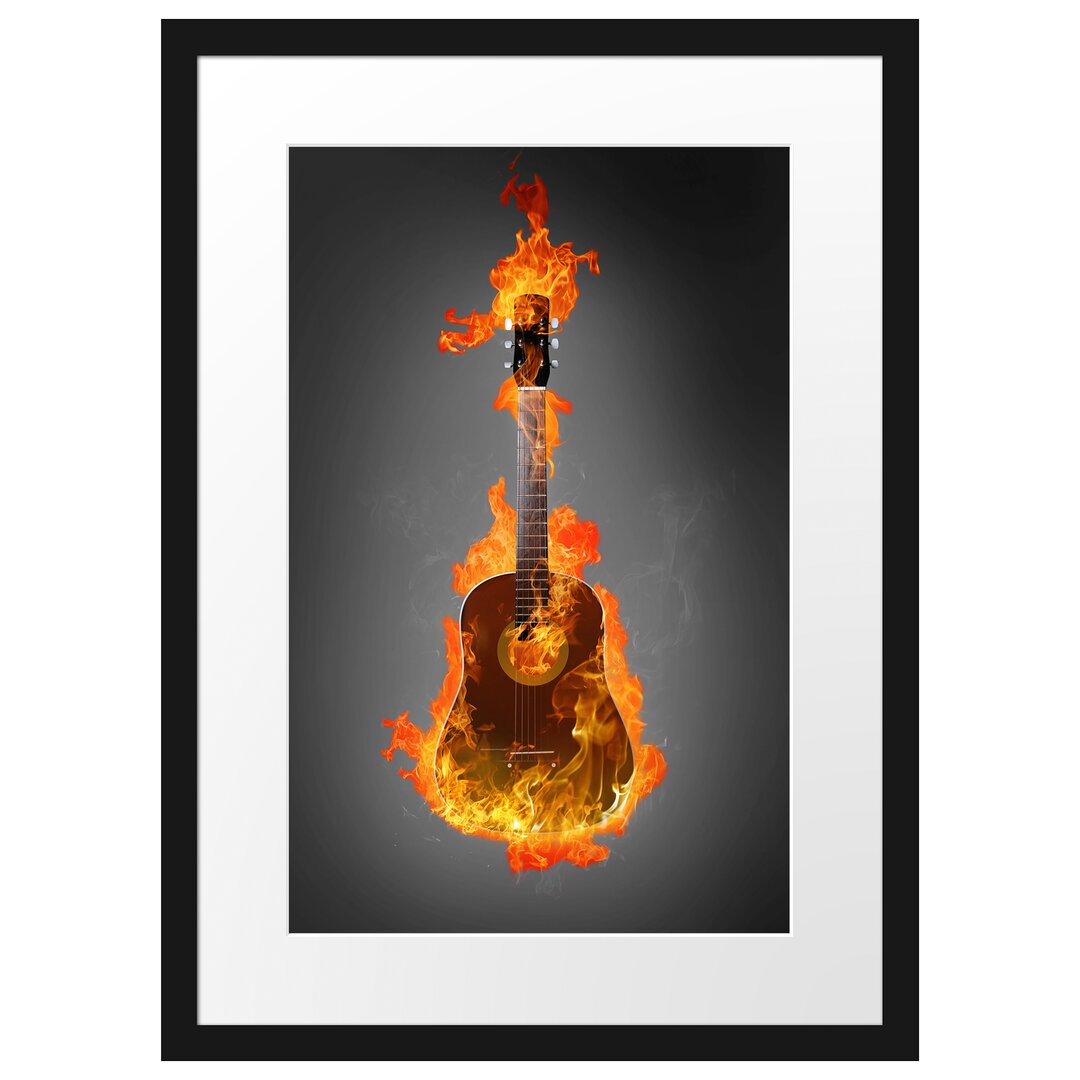 Gerahmtes Poster Brennende Gitarre Heiße Flammen