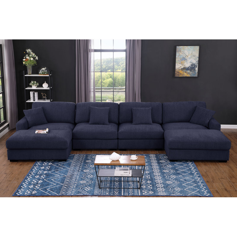 6 - Piece 168" U Shape Sectional Sofa Cloud Couch With Removable Ottomans, Dark Blue Chenille