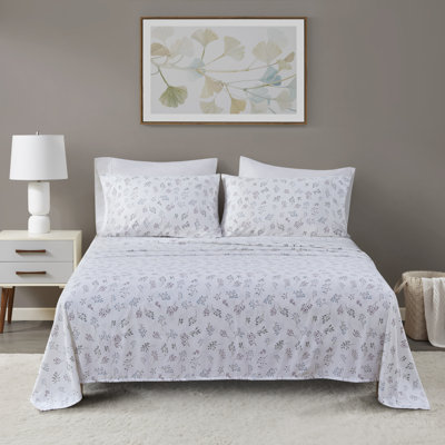 Cozy Cotton Flannel White Tossed Botanical Oversized Flannel 100% Cotton 4-Piece Queen Sheet Set