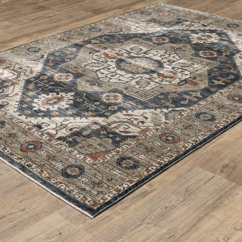 Caia Traditional Center Medallion Blue/ Grey Area Rug, Rectangle 3'3" x 5'