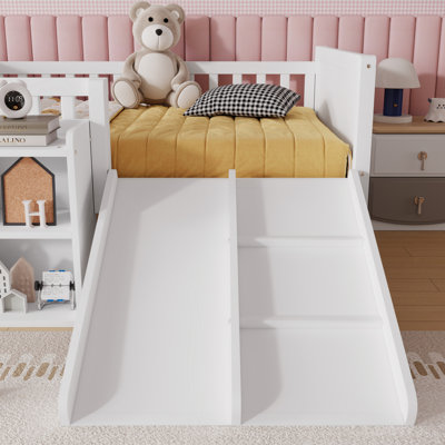 Twin Size Low Loft Bed for Kids with Slide, Movable Bookshelf Storage, Guardrails, Solid Wood Kids Loft Bed Frame,White