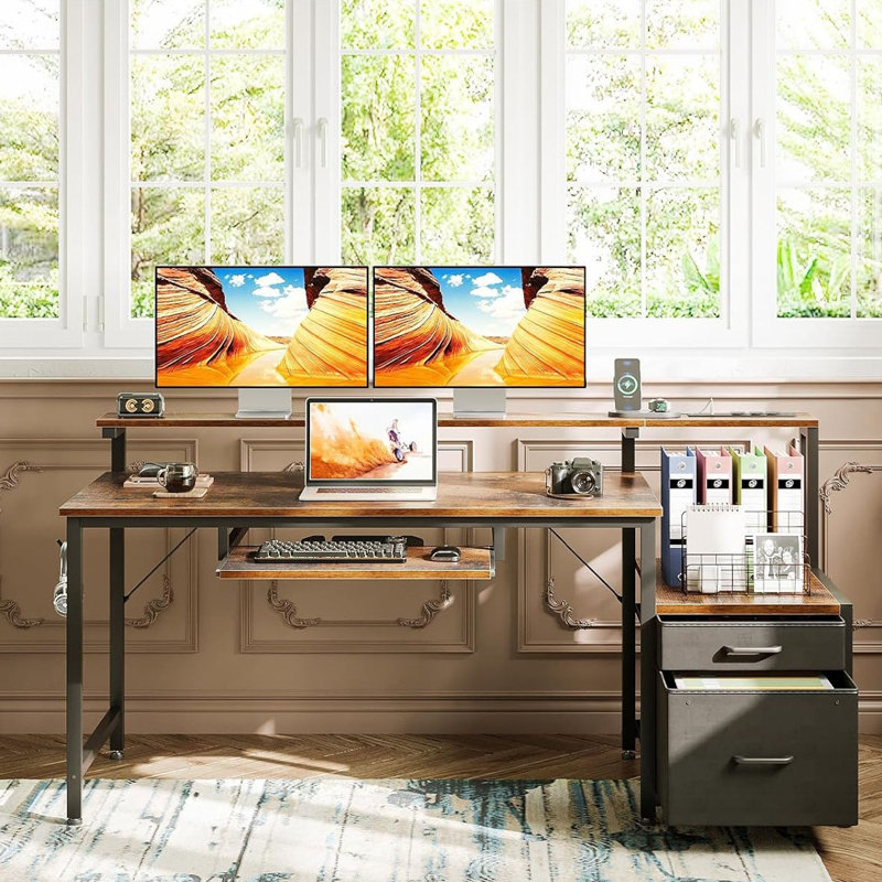 Computer Desk With Drawers, 55" Office Desk With Keyboard Tray And Power Outlet
