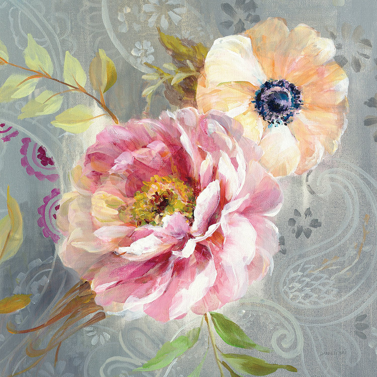 «Peony And Paisley III», reproduction d'impression sur toile tendue, H 37 po x l 37 po x P 1,5 po, Toile tendue, Pas de tapis