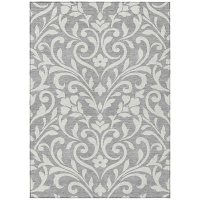 5' X 8' Gray And Ivory Floral Washable Indoor Outdoor Area Rug