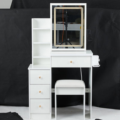 Petit meuble-lavabo de chevet avec tabouret, centrale électrique 2 AC + 2 USB et support pour sèche-cheveux