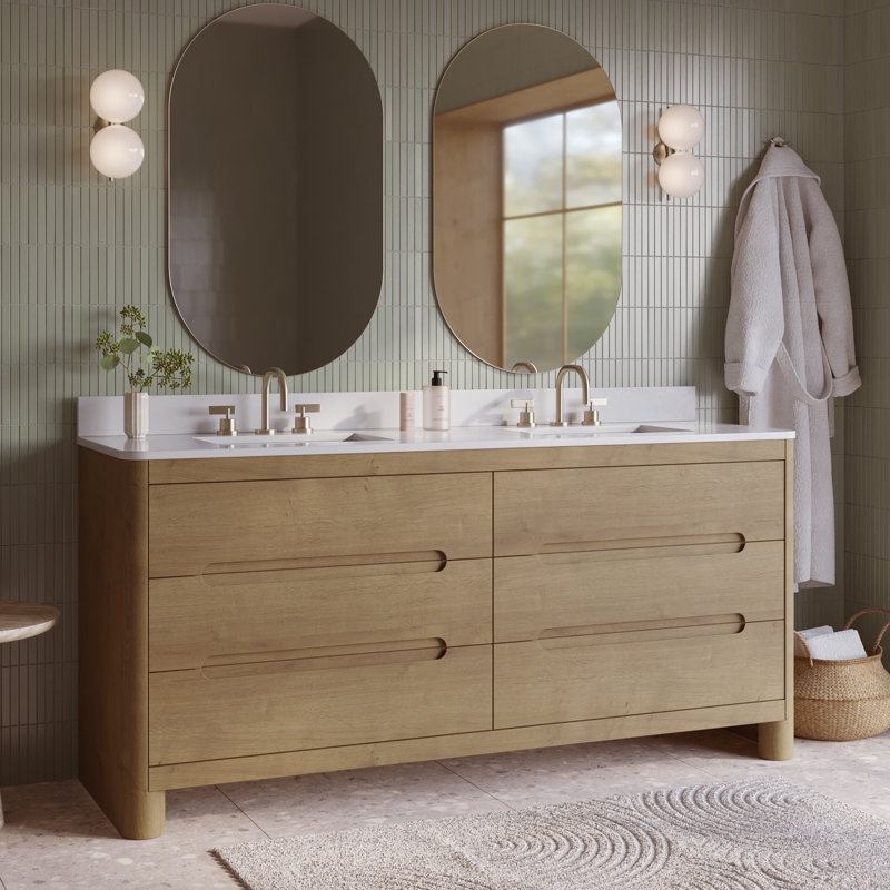 Oslo 72" Double Bathroom Vanity In Varnished Oak With White Quartz Countertop, 72"