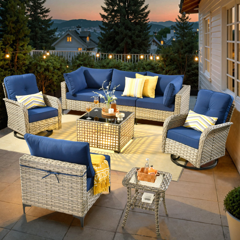 Emroy 6 - Person Wicker/Rattan Sectional Seating Group with Lighted Coffee Table and Swivel Chairs, All Weather Modular Outdoor Conversation Set with Cushions