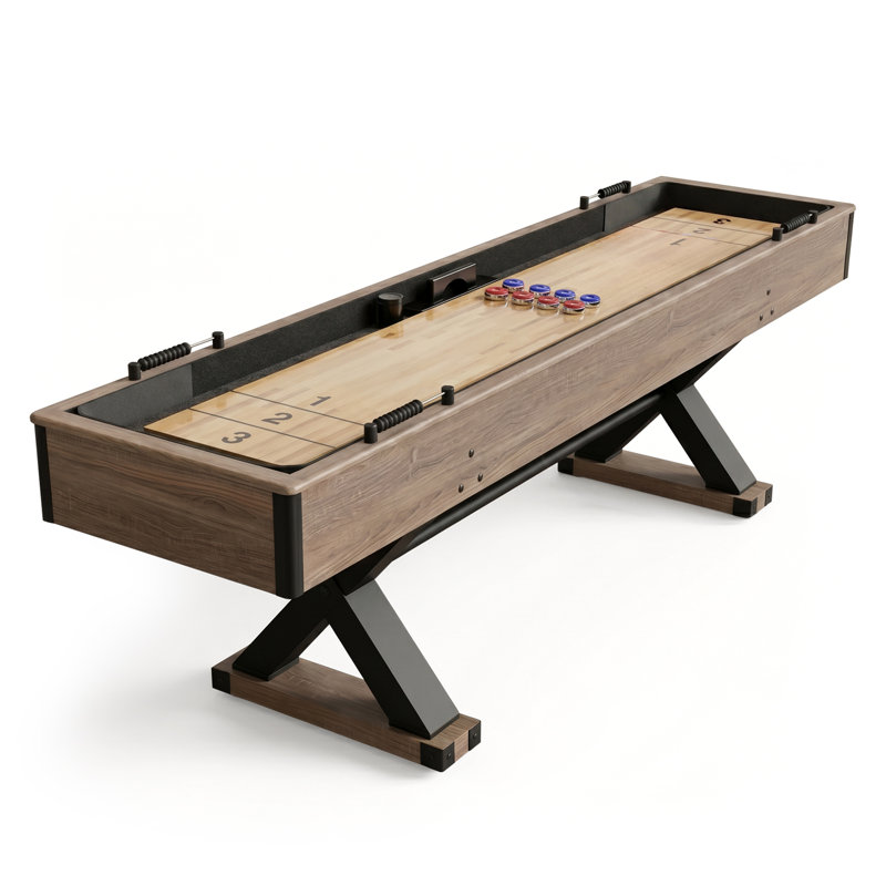 Hathaway Excalibur 9 ft Shuffleboard Table for Family Recreation Rooms - Poly-Coated Playfield, Solid X-Pattern Base - 8 Weighted Pucks, Dual Abacus Scorers, Table Brush, Wax - Driftwood Finish