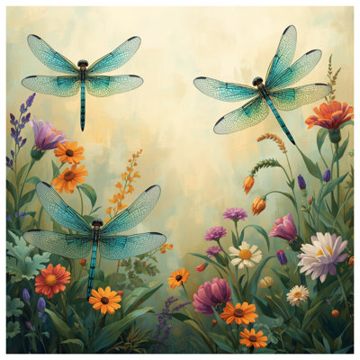 Dragonflies With Colorful Flowers Wall Tapestry - Dragonflies Wall Decor