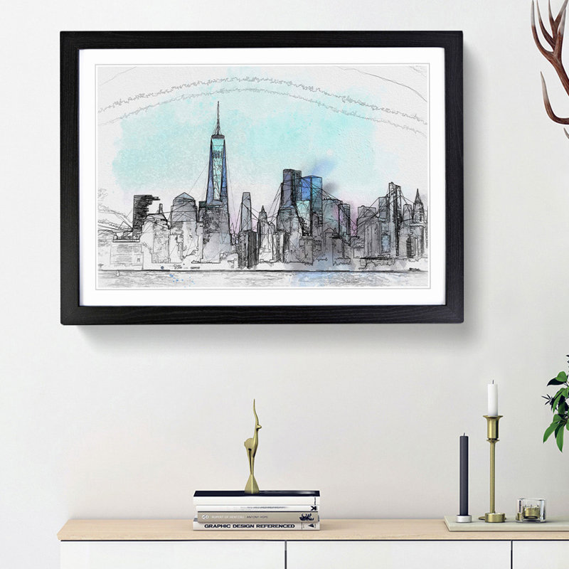 Freedom Tower and New York City in Abstract - Picture Frame Graphic Art Print, 27cm H x 36cm W x 2cm D, Black Framed