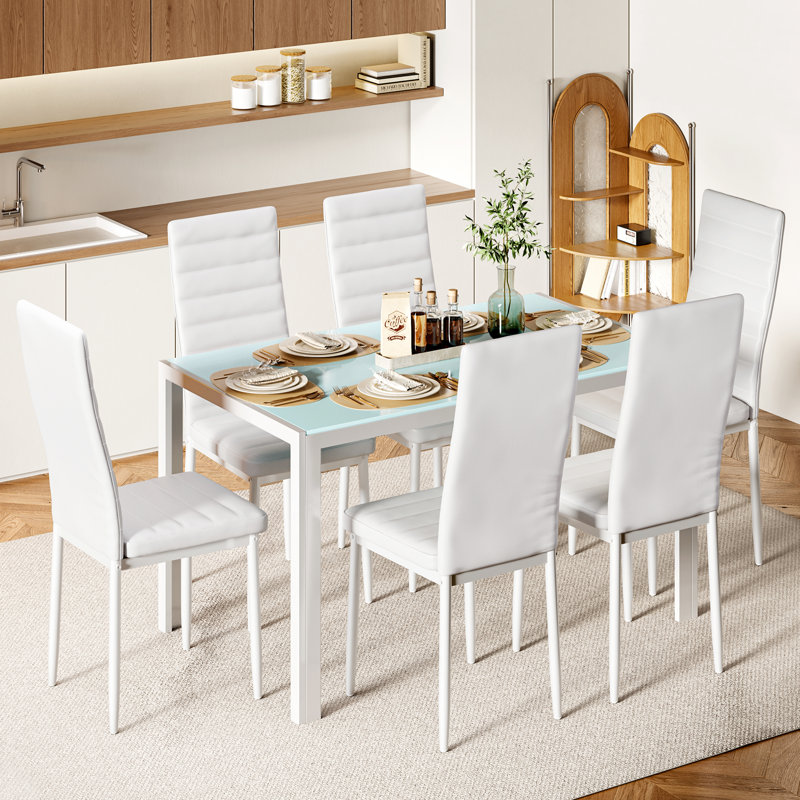 Ensemble repas 5 pièces Jehias, Blanc, 7 pièces : table, 6 chaises