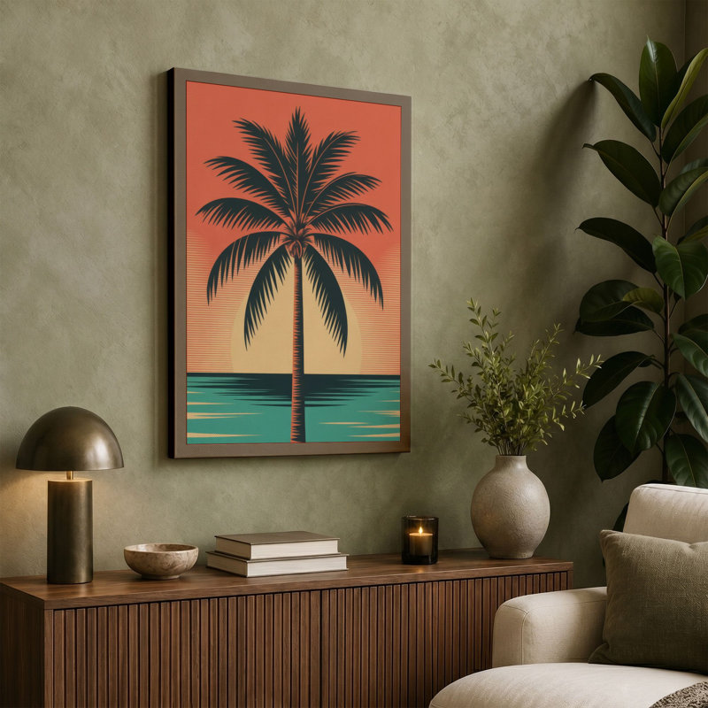 Palm Silhouette Tropical - Wrapped Canvas, 24x16 - 61.0 x 40.6 cm, Terracotta Border