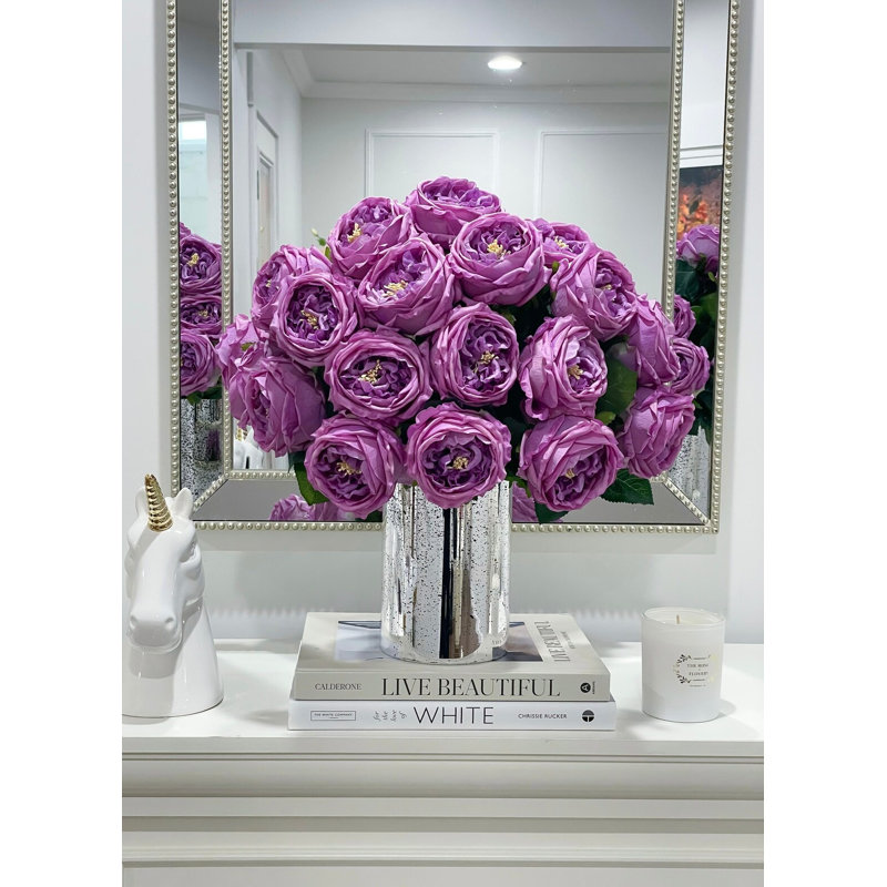 Large Purple English Rose Centerpiece In Tall Silver Vase - Luxury Decor