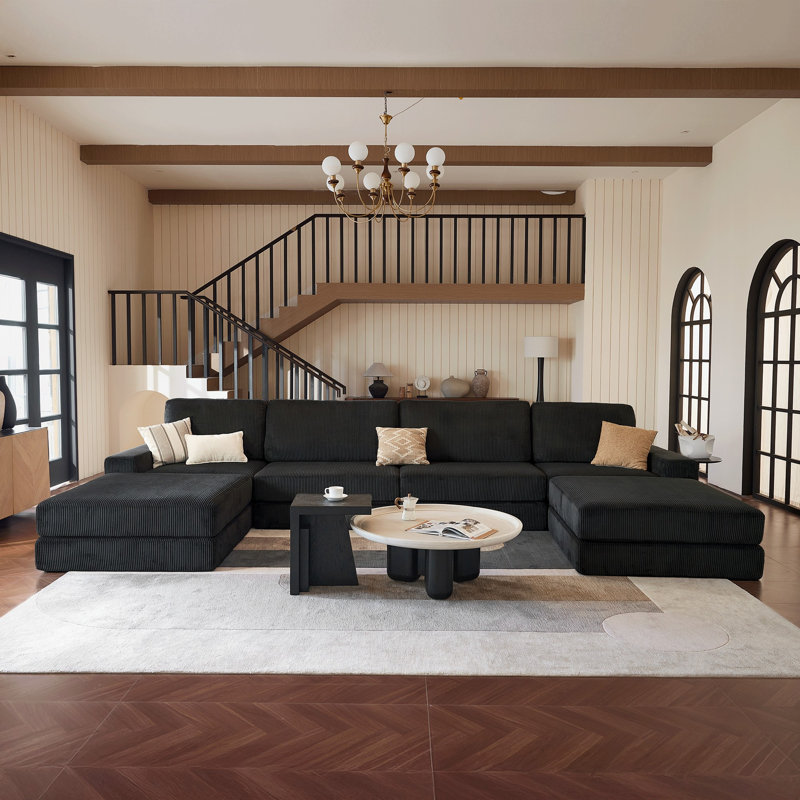 Boneless 160" Sectional Sofa, L-Shape Oversized Boneless Couch , 4 Deep Seat Sofa And 2 Ottoman Set, Black