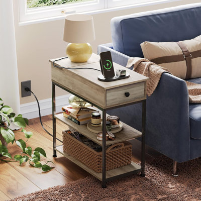 Reggis 24'' End Table with Power Outlets & USB, Side Table with Drawer and 2 Shelves, Farmhouse Side Table for Small Spaces, End Table With Drawer For Living Room, Bedroom