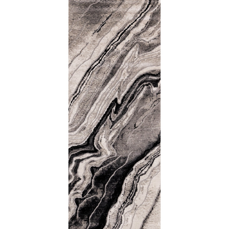  Ocossio Grey Black Modern Abstract Waves Area Runner, Runner 2'7" x 6'7"