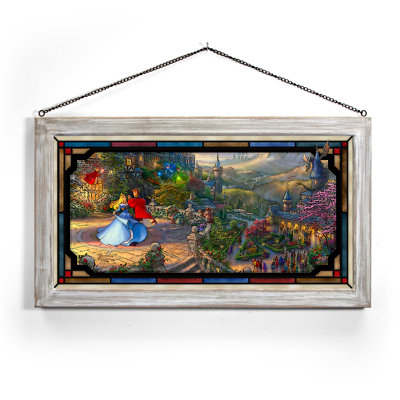 SGA DISNEY SLEEPING BEAUTY DANCING IN THE ENCHANTED LIGHT 13X23 STAINED GLASS ART WHITEWASH FRAMED
