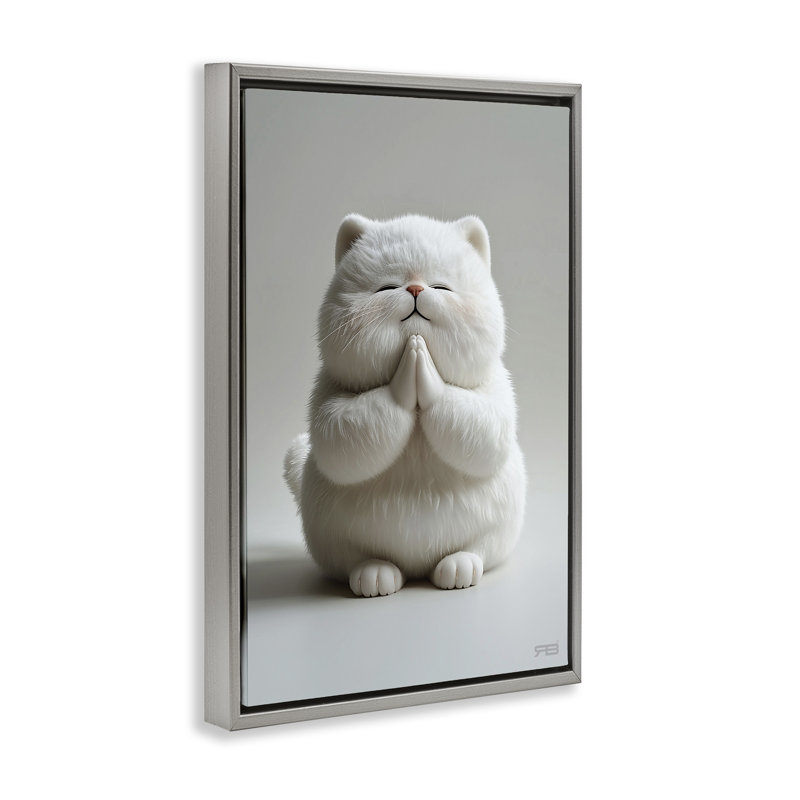 «Fluffy Praying Cat» par Roozbeh Bahramali, Cadre flottant gris lustré, H 31 po x l 21 po