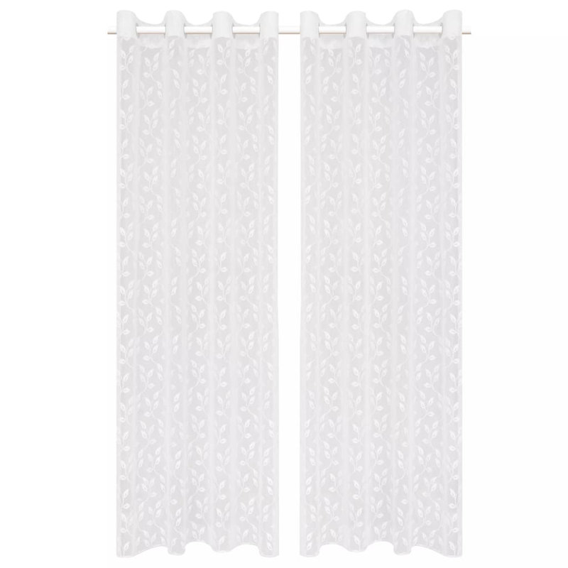 Fingal Semi Sheer Curtain Pair, Leaves White, Width 140cm x Drop 245cm