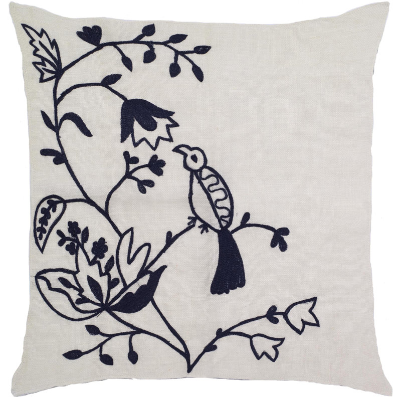 Oreiller et insert en duvet et plumes en lin brodé Botanical Bird, Noir / blanc