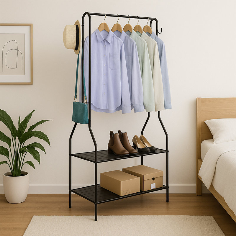 Aravind Clothes Rack Steel Clothing Rail With Two Shelves Hanging Hooks 5ft Height, Black